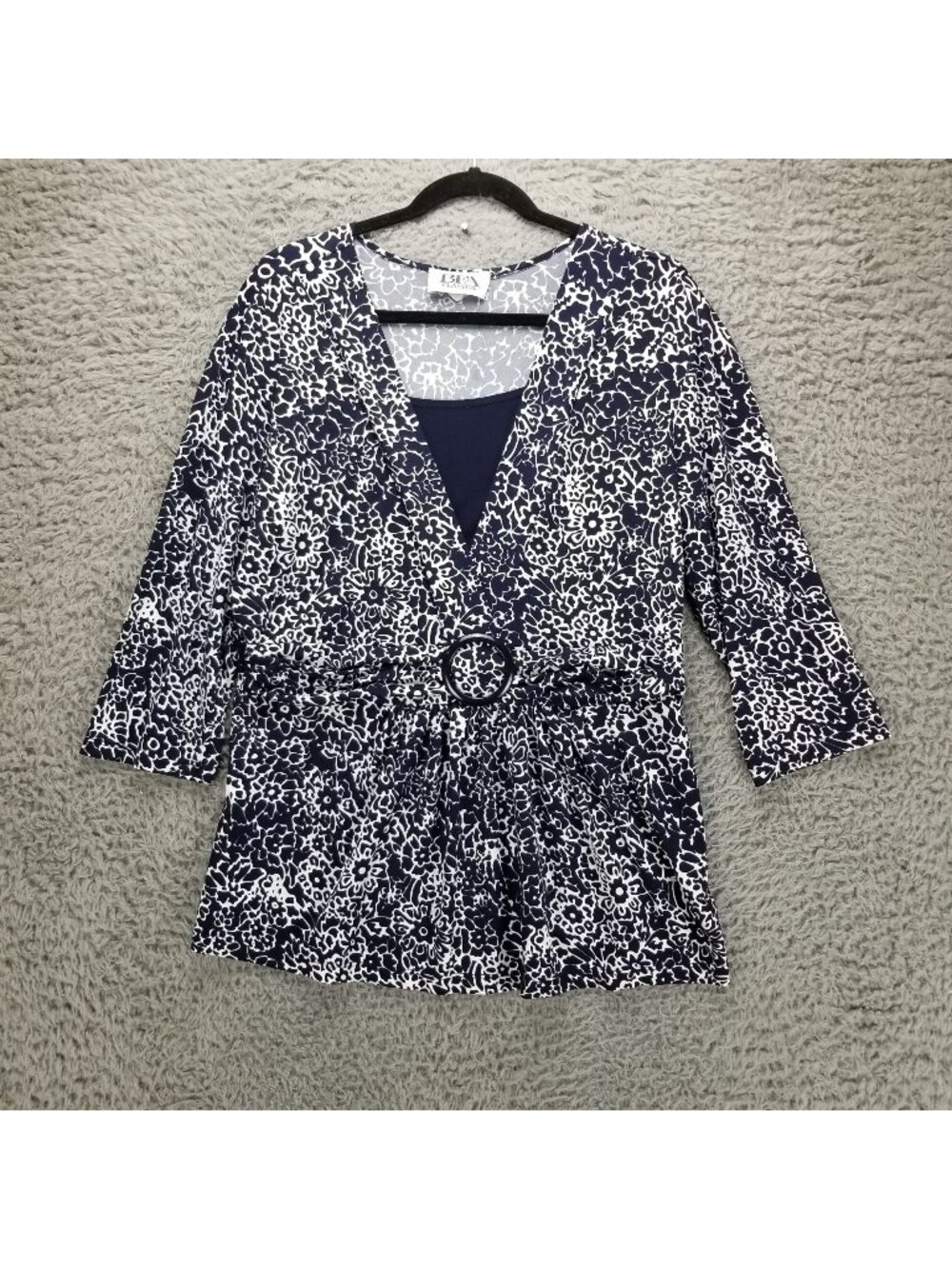 BFA Classics Top Womens 16 Navy Blue Vintage 3/4 Sleeve Blouse